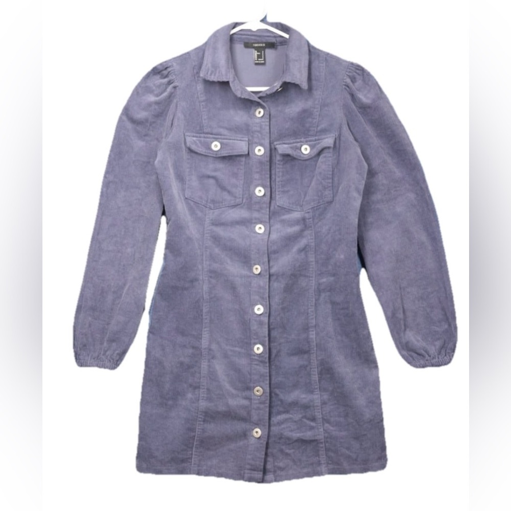 Forever 21 Corduroy Shirt Dress Blue/Gray Button Up Sz Small Long Puff Sleeves